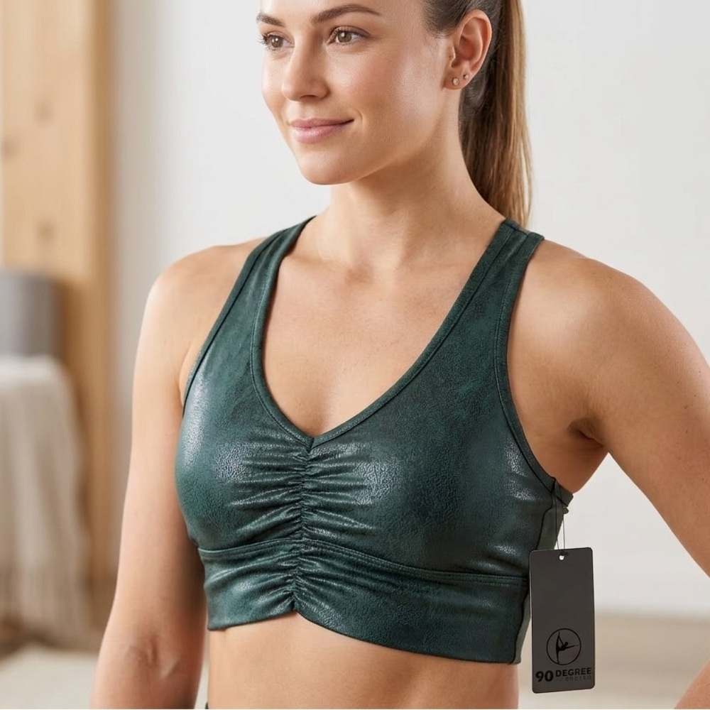 NWT 90 Degree by Reflex Vintage Lux Cracked Faux Leather Ruched Sports Bra S